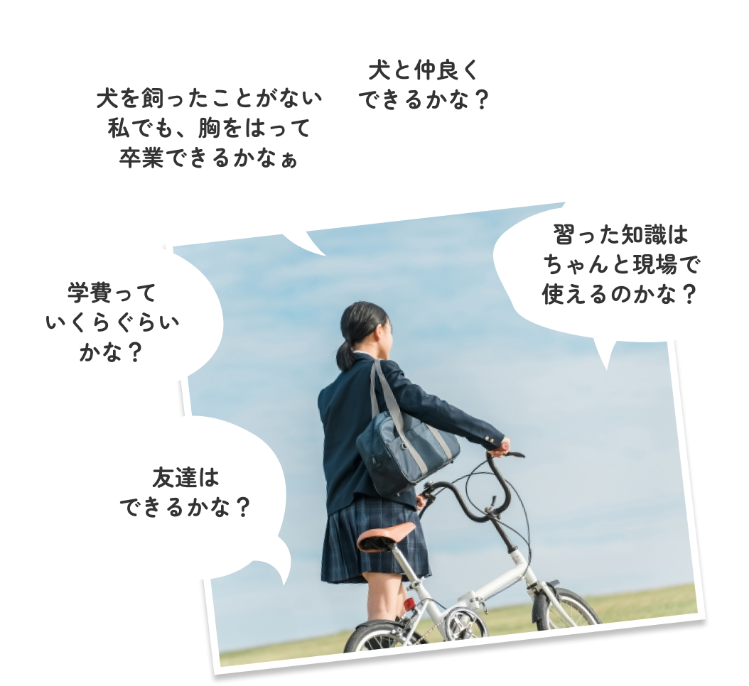 友達はできるかな？｜ 学費っていくらぐらいかな？｜ 犬を買ったことがない。私でも、胸を張って卒業できるかなぁ｜ 犬と仲良くできるかな？｜ 習った知識はちゃんと現場で使えるのかな？